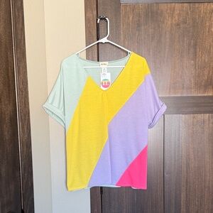 BiBi Women’s Oversized Color Block Rolled Short Sleeve T Shirt Size Medium NWT
